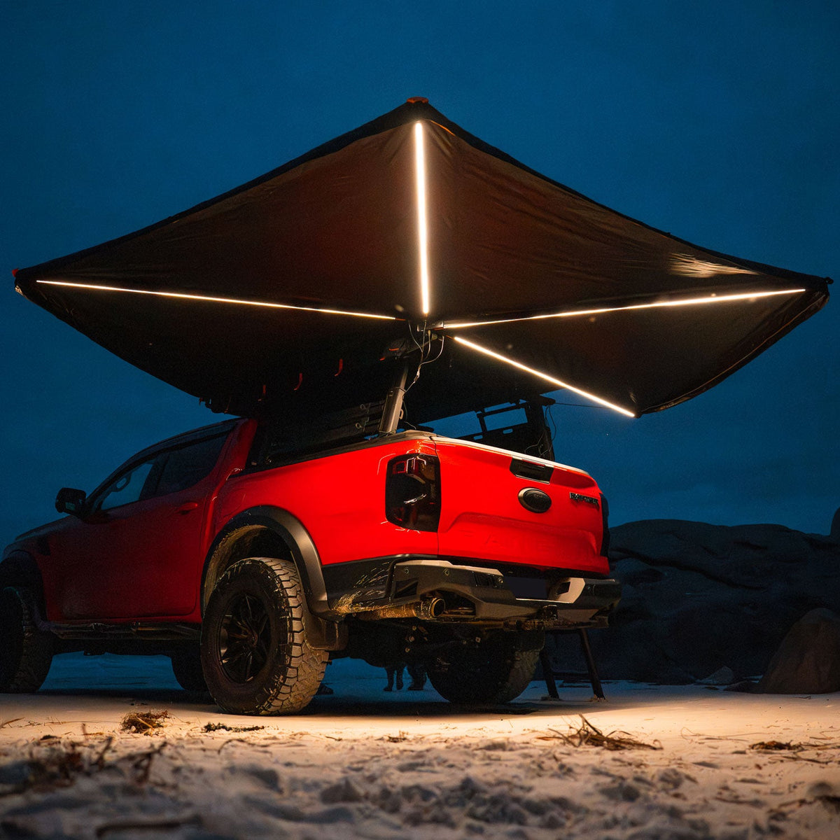 VIKOR 270 degree soft shell awning with LED lighting at night