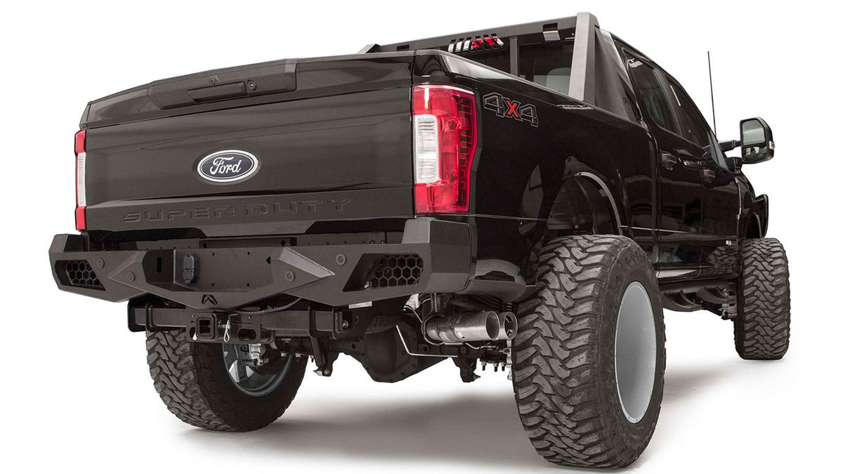 Fab Fours Vengeance rear bumper Ford F250 angle view
