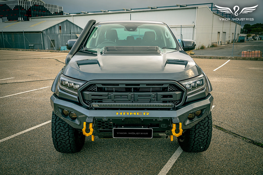 Bonnet line view of the VIKOR snorkel on a Ford Ranger PX