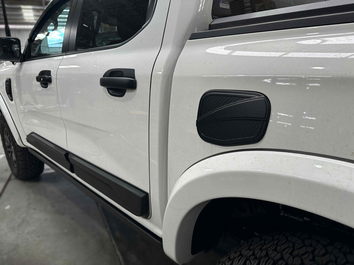 Fuel Cap Cover, Black for the Next Gen Ford Ranger, close up detail