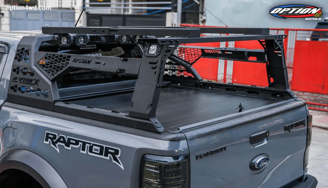 Option 4WD Option X Bed Rack System fitted to a Ford Ranger Raptor Gen 1 (2018-2022)