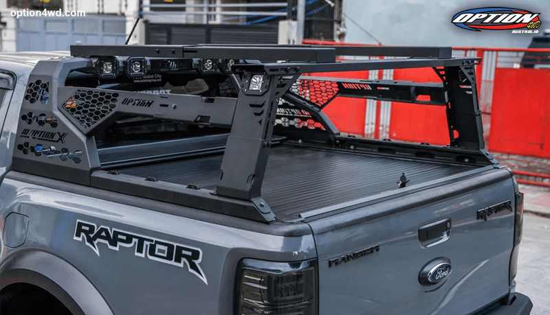 Option 4WD Option X Bed Rack System fitted to a Ford Ranger Raptor Gen 1 (2018-2022)