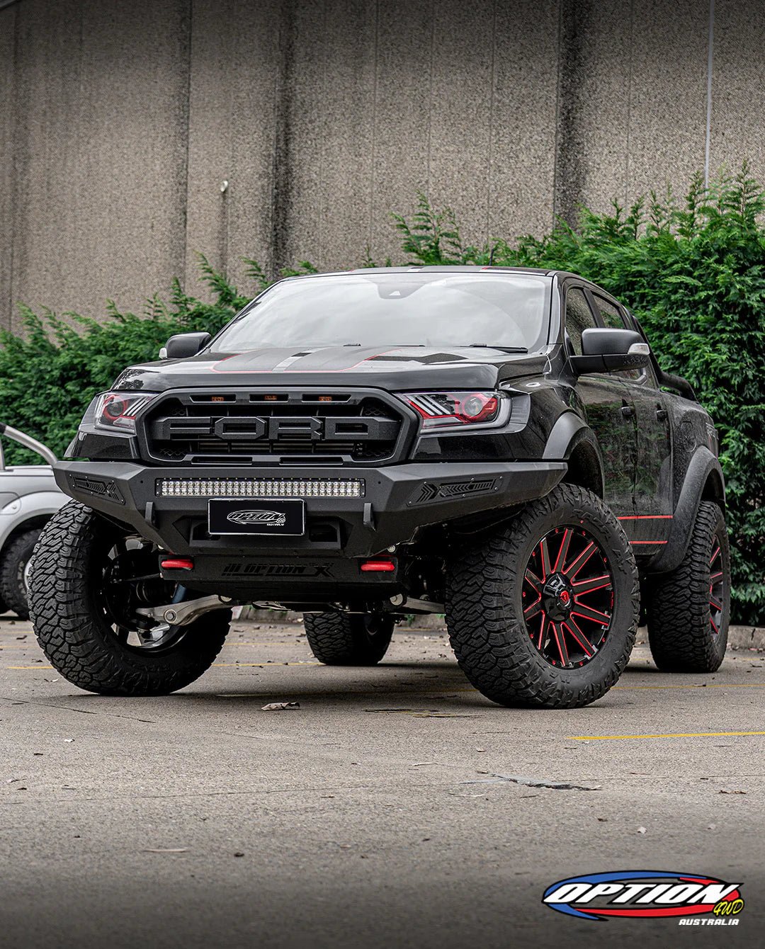Option X Bull Bar on the Ford Ranger Raptor Gen 1, angled view