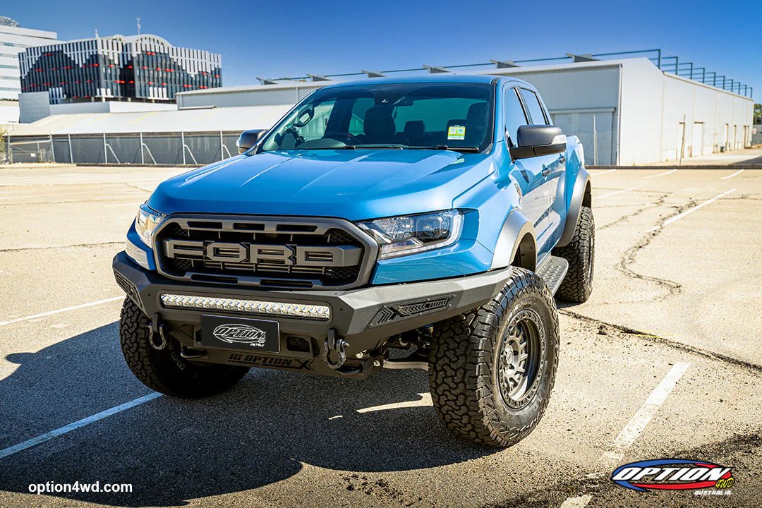 Option X Bull Bar on the Ford Ranger Raptor Gen 1, rear three-quarter view