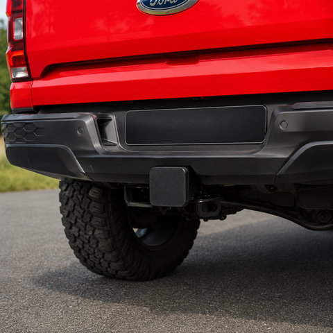 Rear view of a red Next Gen Ford Ranger with the tow receiver cover fitted to the tow bar