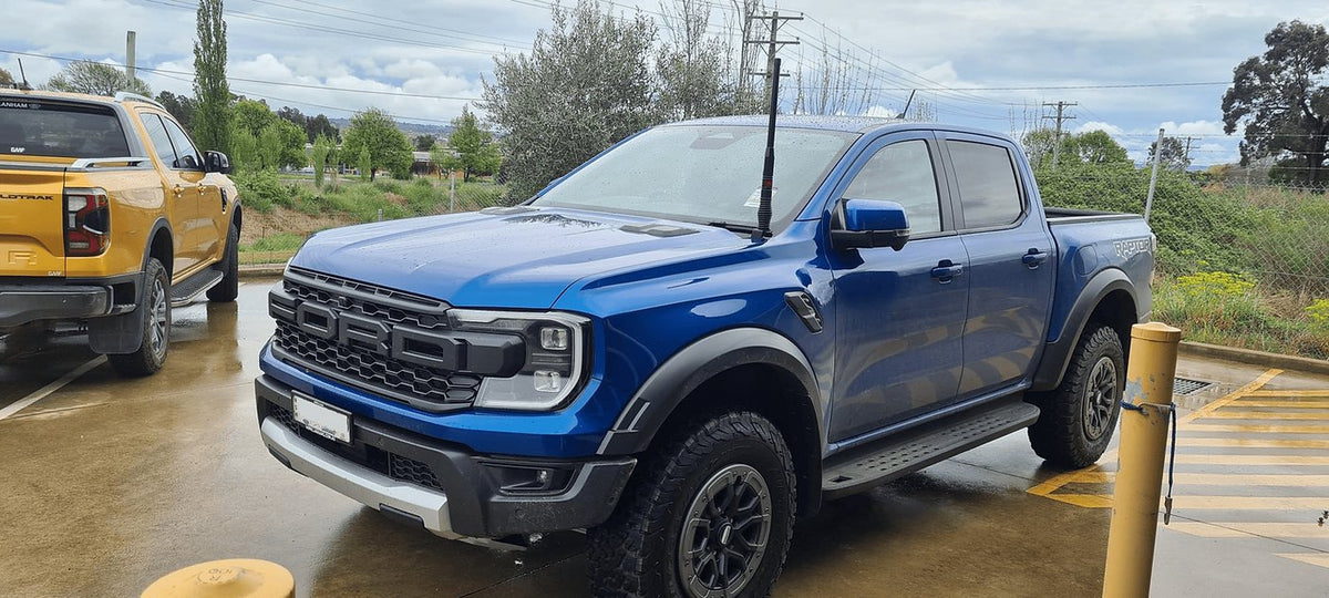 UHF Bonnet Mount on the Next Gen Ford Ranger, Raptor & Everest, rear three-quarter view